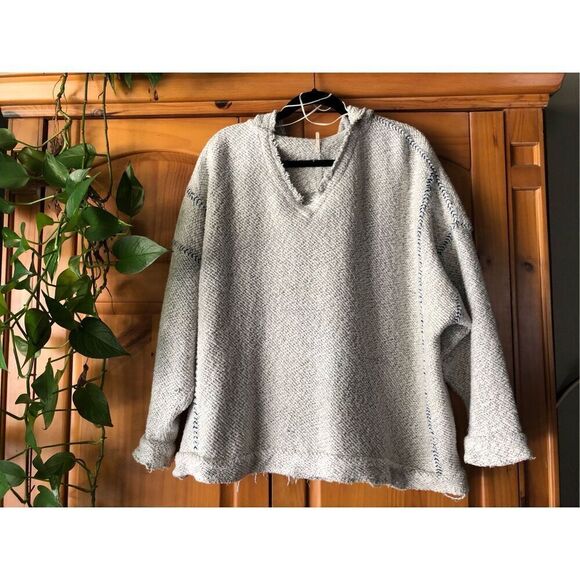FREE PEOPLE Soft Textured Long Sleeve Hooded Pullover Top w/ Fraying SZ XS - Picture 2 of 16